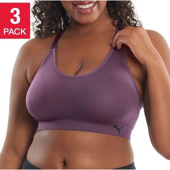 NWT Puma Ladies' Seamless Performance Sports Bra 3 Pack Pink Purple Gray Medium - Picture 1 of 4